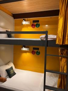 a bunk bed in a dorm room with yellow walls at Forrest Hostels in Mumbai