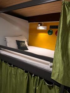 a bunk bed on a train with a green curtain at Forrest Hostels in Mumbai