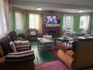 a living room with green walls and couches and a television at PODLYNS Home in Ngong