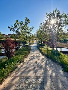 a walkway along a river with trees and a bridge at Dar Ifrane in Ifrane