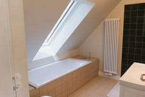 a bathroom with a bath tub under a skylight at JETHON Appartement am Wasserturm 1 in Nienburg +27 photos