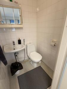 a white bathroom with a toilet and a sink at Office to sleep in heard of Lohja in Lohja