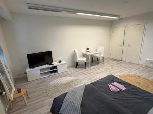 a bedroom with a bed and a tv and a table at Office to sleep in heard of Lohja in Lohja