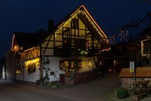 a building with christmas lights on it at night at Ferienwohnung Familie Westermann in Kapellen-Drusweiler