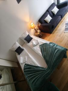a white couch in a living room with a black couch at Stephan house in Tremblay-En-France