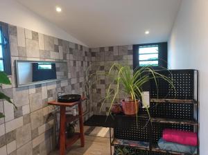 a room with a tiled wall with a potted plant at La baie rose in Sainte-Rose