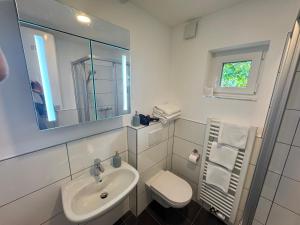a bathroom with a sink and a toilet and a mirror at Ferienhaus Schmiedweg 10 in Altmünster +22 photos