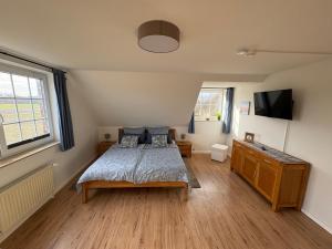 a bedroom with a bed and a television in it at Ostseekoje Koje 4 in Süssau
