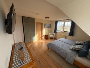 a bedroom with a bed and a flat screen tv at Ostseekoje Koje 4 in Süssau