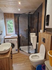 a bathroom with a shower and a toilet and a sink at Leśny Staw Stodoła in Gilwa