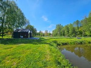 a small shed in a field next to a river at STAW się tu in Młyny