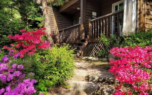 a house with pink flowers in front of it at Goesan Jakeun Saejae Pension in Koesan