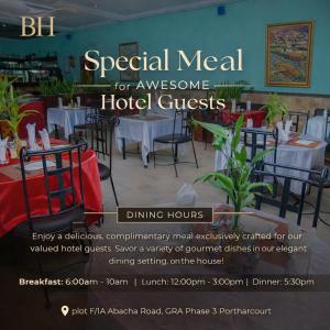 a flyer for a hotel restaurant with tables and chairs at Bougainvillea Hotels in Port Harcourt