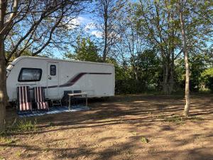 a white rv parked in the woods next to trees at Caravana dintre nuci in Oradea