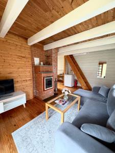 a living room with a couch and a table at Männiliiva Holiday Home with Sauna in Hiiumaa