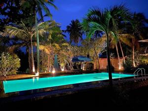 a swimming pool with palm trees at night at Villa Estuary in Bentota +26 photos