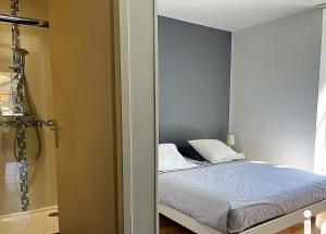 a bedroom with a bed next to a shower at Entre ciel et montagnes in Cauterets