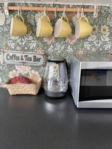 a kitchen counter with a coffee and tea jar next to a microwave at Small Cozy apartment with Wi-Fi in Tjørhom +9 photos