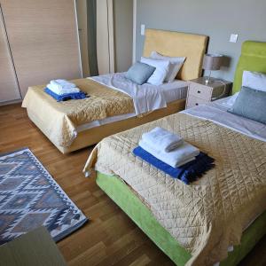 a room with two beds with towels on them at Evia Palm Beach Villa in Politika +34 photos