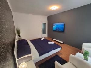 a bedroom with a bed and a tv on the wall at MOONLIGHT Prémium APARTMANHÁZ in Sárospatak