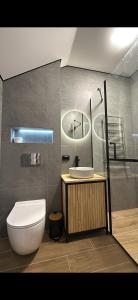 a bathroom with a toilet and a sink at House on The Hill Bukovel in Palyanytsya
