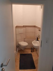 a small bathroom with a toilet and a sink at Landhaus Sevenich in Münstermaifeld