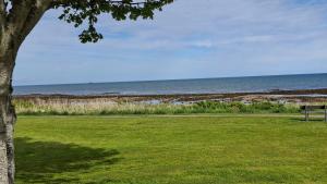 a park bench sitting next to the ocean at Firthview Golspie in Golspie