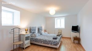 a bedroom with a bed and a television in it at Eugénie in Saint-Quentin-de-Chalais