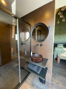 a bathroom with a shower with a sink and a mirror at La Gazolina in Boeseghem +16 photos