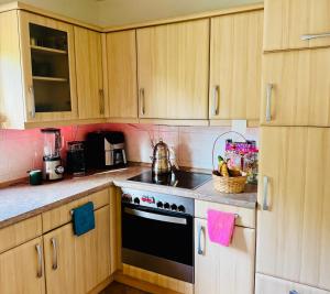 a kitchen with wooden cabinets and a stove top oven at Nature Bungalow in Ferch in Schwielowsee