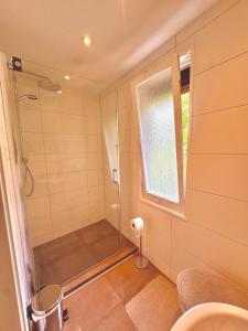 a bathroom with a shower with a glass door at Nature Bungalow in Ferch in Schwielowsee +18 photos