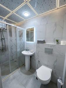 a bathroom with a toilet and a shower and a sink at Babil Hotel in Antalya +42 photos