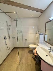 a bathroom with a shower and a toilet and a sink at Hotel Egerthof B&B in Seefeld in Tirol