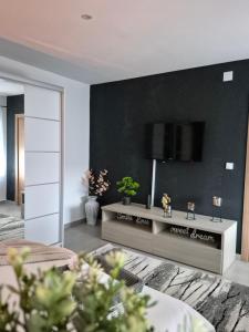 a living room with a tv on a black wall at STD AFRODITA Apartment & Garden in Vrdnik
