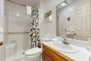 a bathroom with a sink and a toilet and a shower at Saltbox 12B in White River Junction +43 photos