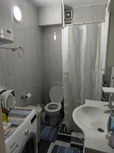 a bathroom with a toilet and a sink and a washing machine at Moj Mali Hotel in Valjevo
