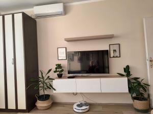 a living room with a tv and two plants at Moj Mali Hotel in Valjevo
