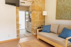 a living room with a couch and blue pillows at SuCaSa Full house with terrace 5 min from centre in Coimbra