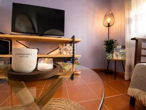 a living room with a tv and a glass table at Apartamento Vicentino in Vila Nova de Milfontes