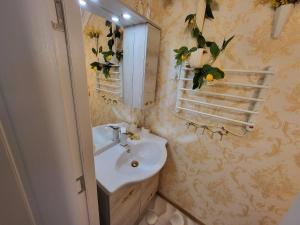 a bathroom with a sink and a mirror at Jázmin Apartman in Debrecen