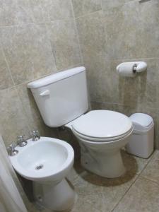 a bathroom with a white toilet and a sink at Cabañas El Muelle in Cholila