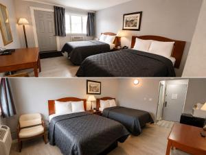 two pictures of a hotel room with two beds at Belmont Inn in Sudbury
