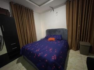 a bedroom with a bed with a blue comforter at Otunba's Crib in Gbogije