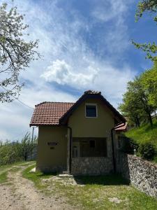 a small yellow house on a dirt road at Stojanov Konak in Lazići