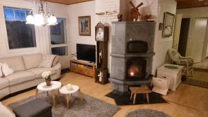 a living room with a living room with a fireplace at Villa Karhurinne in Lempäälä