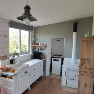 a white kitchen with a sink and a refrigerator at Petite maison en Luberon in Apt