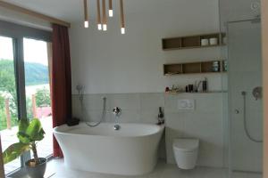 a bathroom with a tub and a toilet and a sink at Danuvius18 in Obernzell