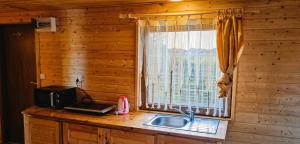 a kitchen counter with a microwave and a window at Miodowe Domki in Władysławowo