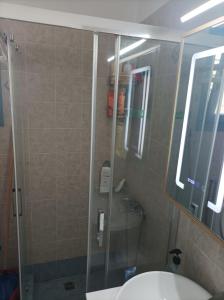 a bathroom with a shower with a toilet and a sink at Anemos in Drios +11 photos