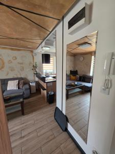 a living room with a couch and a mirror at Rose in Bielawa